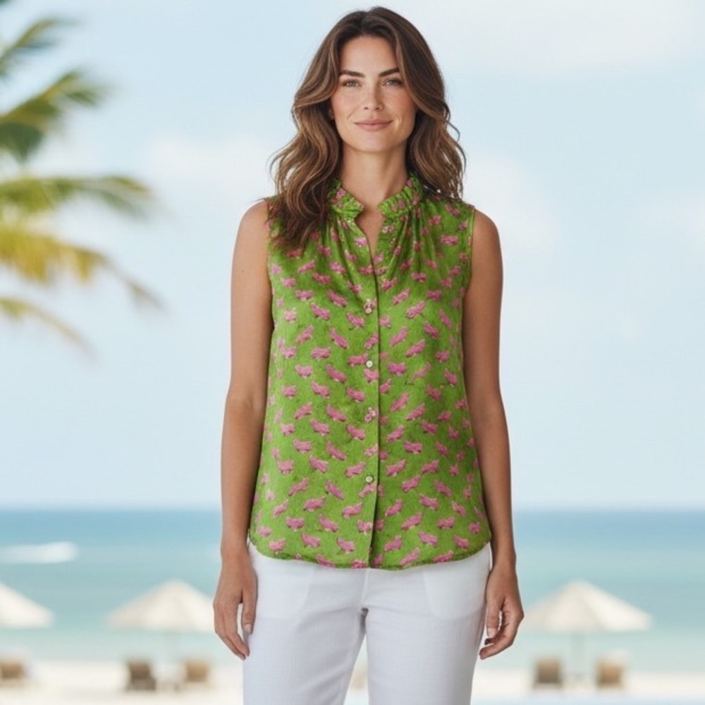Lilly Pulitzer Crissa Top Printed Hammer Geometric 100% Silk Ruffle Blouse 6